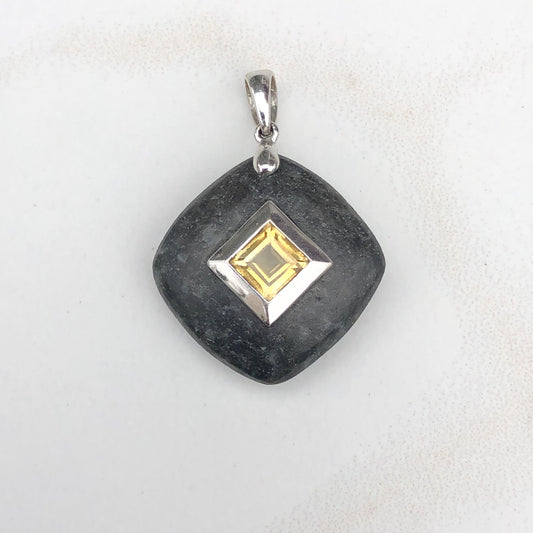 14KT White Gold Black Gray Stone + Citrine Pendant, 14KT White Gold Black Gray Stone + Citrine Pendant - Legacy Saint Jewelry