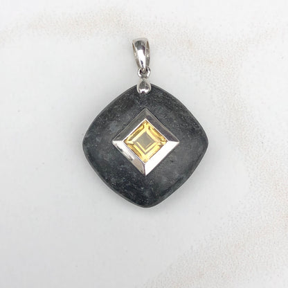 14KT White Gold Black Gray Stone + Citrine Pendant, 14KT White Gold Black Gray Stone + Citrine Pendant - Legacy Saint Jewelry