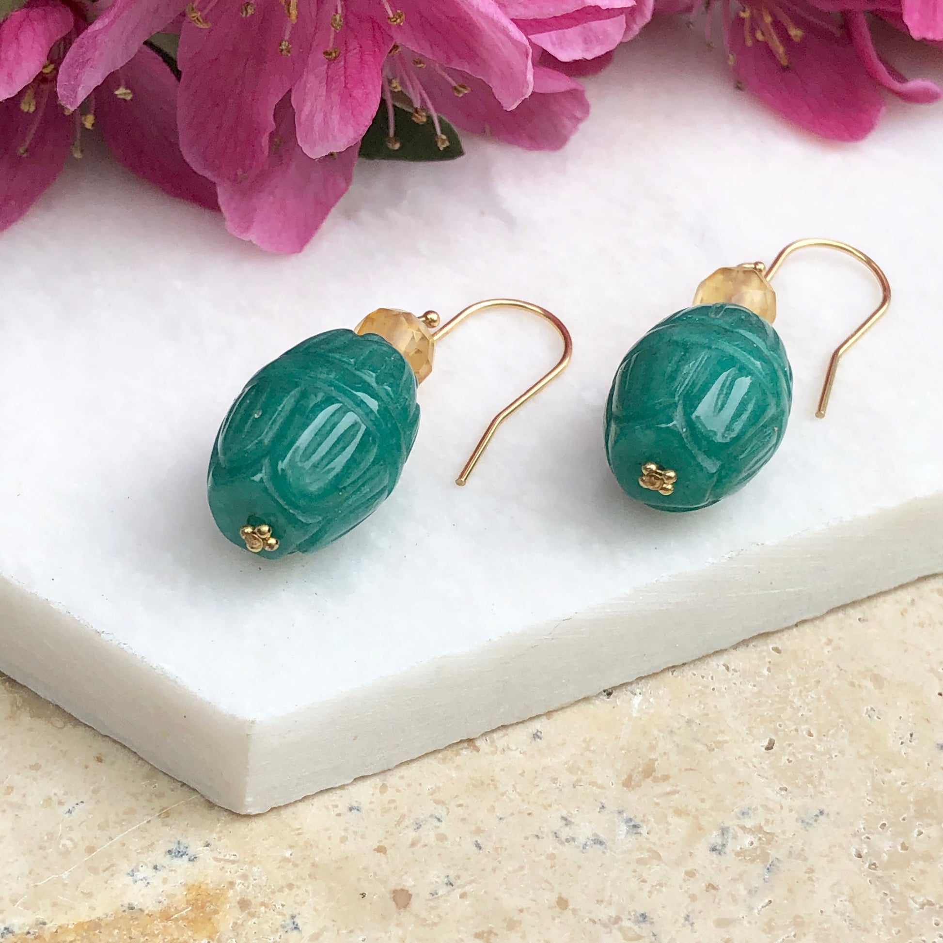 14KT Yellow Gold Carved Green Jade Scarab Drop Earrings, 14KT Yellow Gold Carved Green Jade Scarab Drop Earrings - Legacy Saint Jewelry