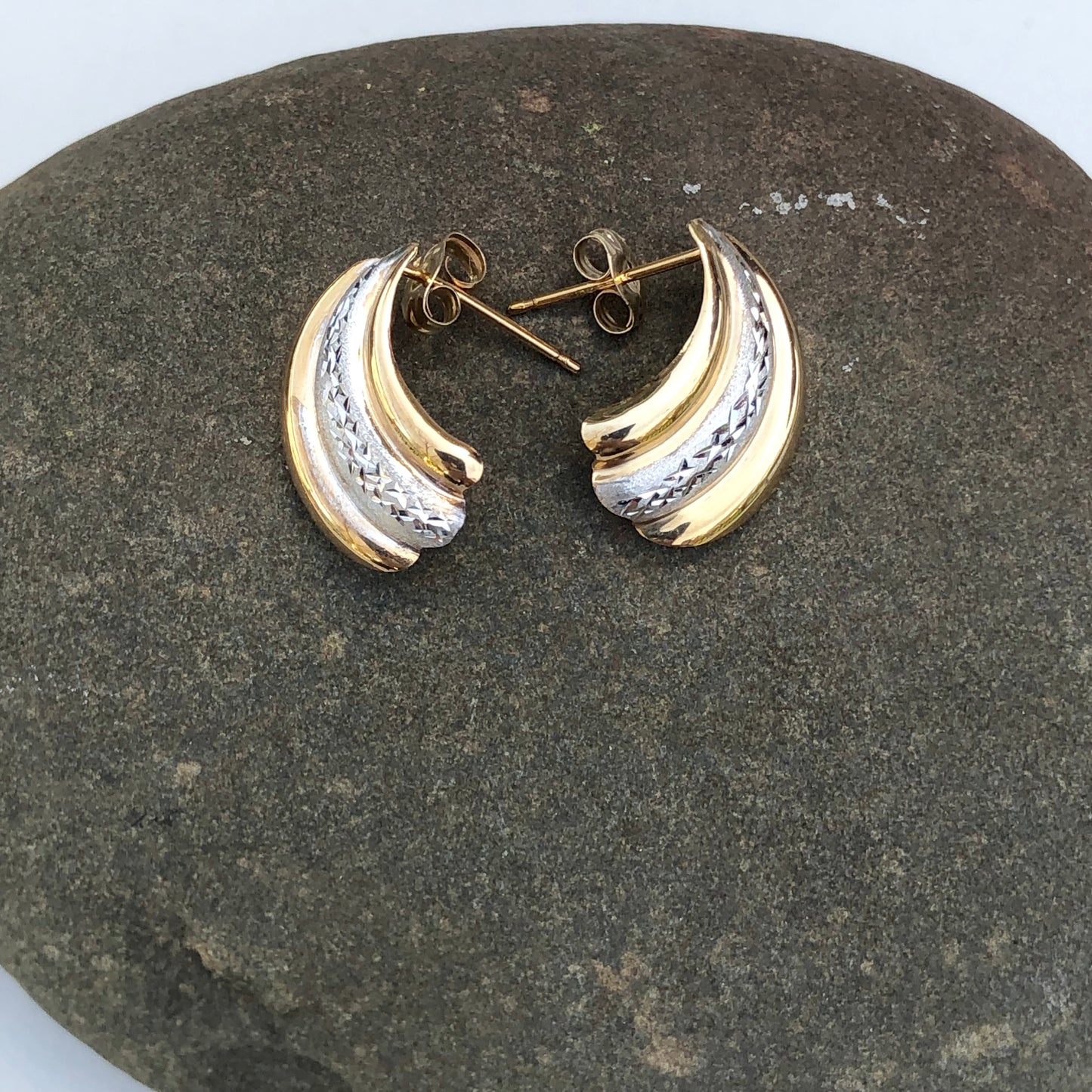 14KT Yellow Gold + White Gold Diamond-Cut Shell Earrings, 14KT Yellow Gold + White Gold Diamond-Cut Shell Earrings - Legacy Saint Jewelry