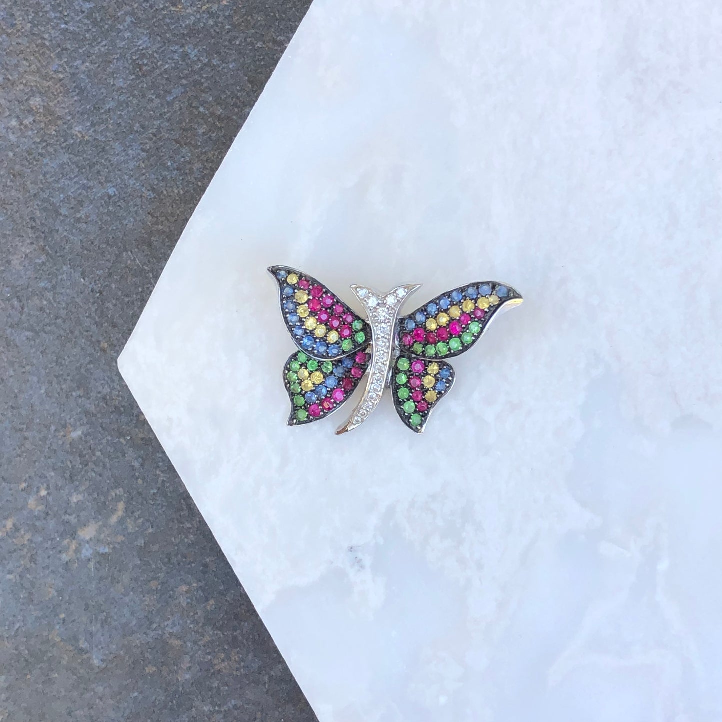 14KT White Gold Pave Diamond + Multi Colored Sapphires Butterfly Pendant, 14KT White Gold Pave Diamond + Multi Colored Sapphires Butterfly Pendant - Legacy Saint Jewelry