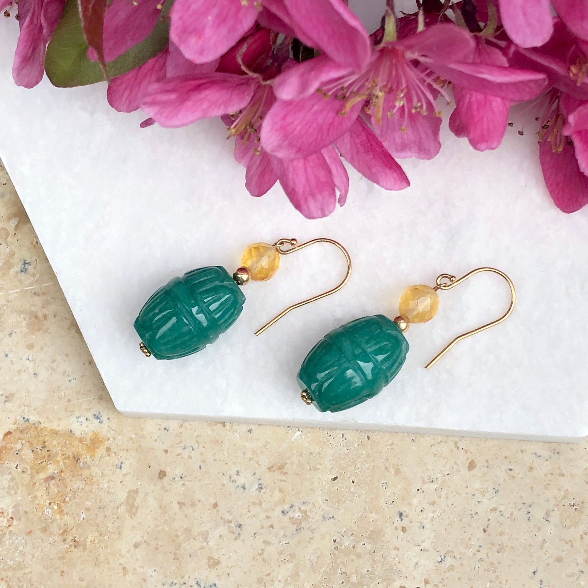 14KT Yellow Gold Carved Green Jade Scarab Drop Earrings, 14KT Yellow Gold Carved Green Jade Scarab Drop Earrings - Legacy Saint Jewelry