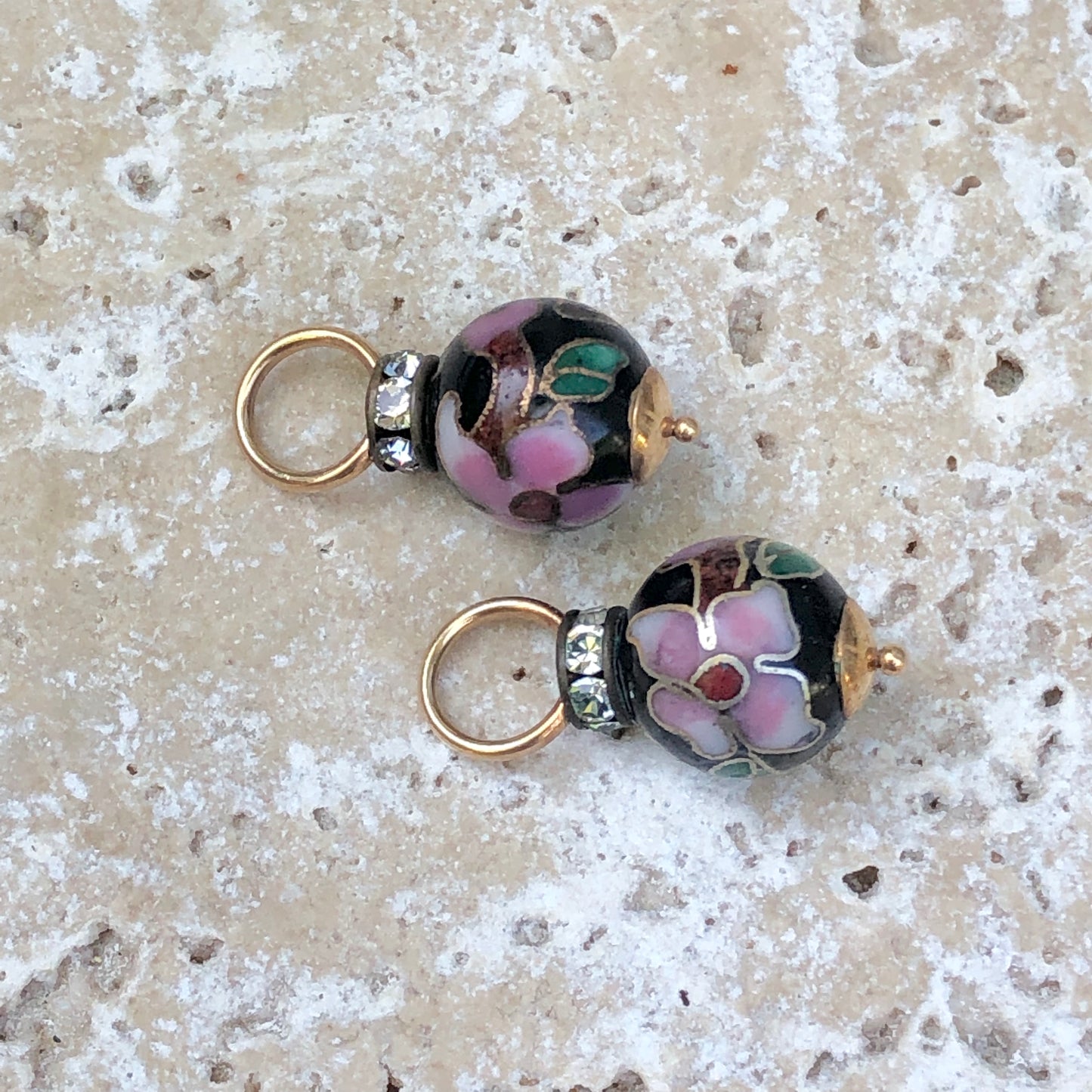 14KT Yellow Gold Black + Pink Multi Color CZ Cloisonne Ball Earring Charms, 14KT Yellow Gold Black + Pink Multi Color CZ Cloisonne Ball Earring Charms - Legacy Saint Jewelry