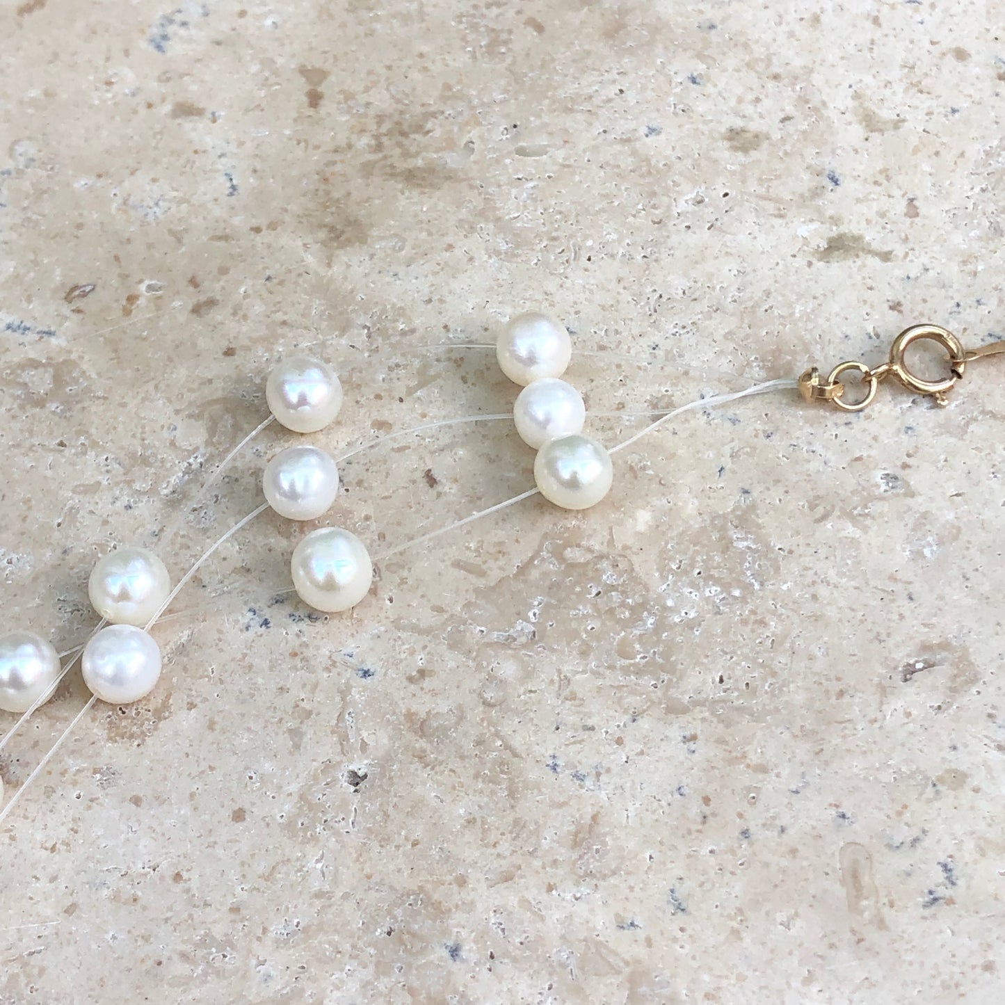14KT Yellow Gold 3-Strand Fish Wire Station White Pearl Necklace, 14KT Yellow Gold 3-Strand Fish Wire Station White Pearl Necklace - Legacy Saint Jewelry