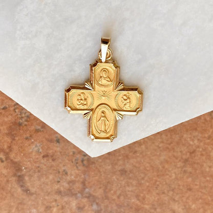 14KT Yellow Gold Satin Four Way Catholic Cross Medal Pendant 22mm