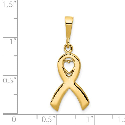 14KT Yellow Gold Heart Awareness Ribbon Pendant Charm, 14KT Yellow Gold Heart Awareness Ribbon Pendant Charm - Legacy Saint Jewelry