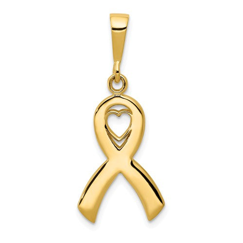 14KT Yellow Gold Heart Awareness Ribbon Pendant Charm, 14KT Yellow Gold Heart Awareness Ribbon Pendant Charm - Legacy Saint Jewelry