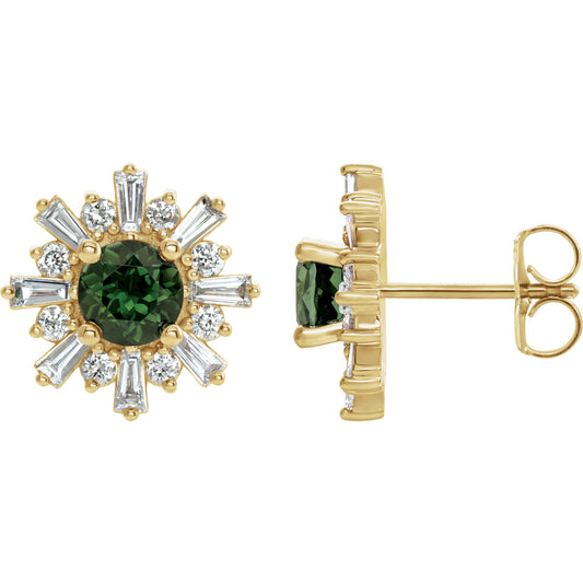 14KT Yellow Gold Green Tourmaline + Diamond Sunburst Stud Earrings, 14KT Yellow Gold Green Tourmaline + Diamond Sunburst Stud Earrings - Legacy Saint Jewelry