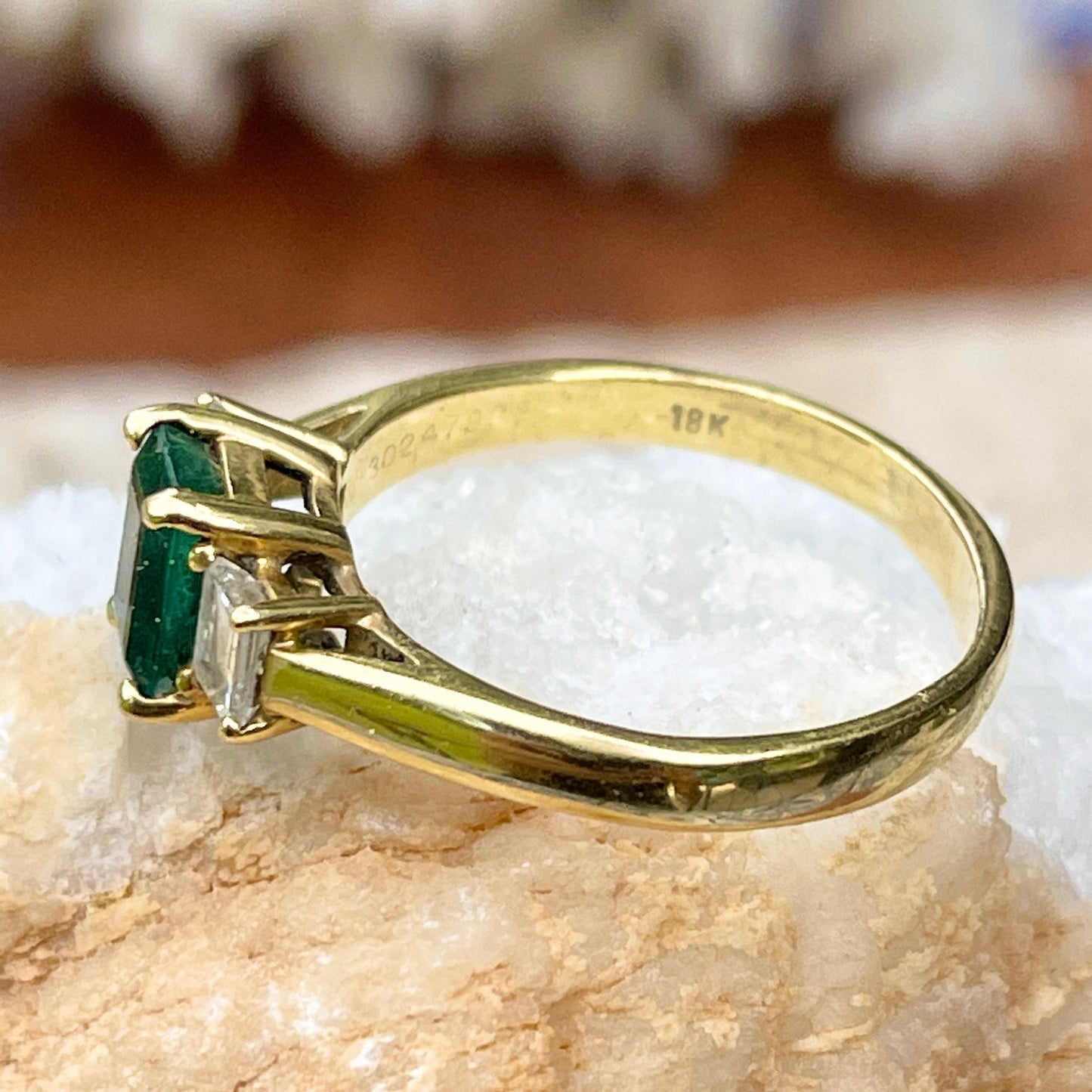 Estate 18KT Yellow Gold Emerald-Cut 1.25 CT Emerald + Diamond Accent Ring