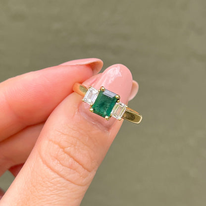 Estate 18KT Yellow Gold Emerald-Cut 1.25 CT Emerald + Diamond Accent Ring