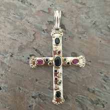 Load image into Gallery viewer, 14KT White Gold Diamond, Sapphire, Ruby, Emerald Byzantine Medieval Cross Pendant - Legacy Saint Jewelry