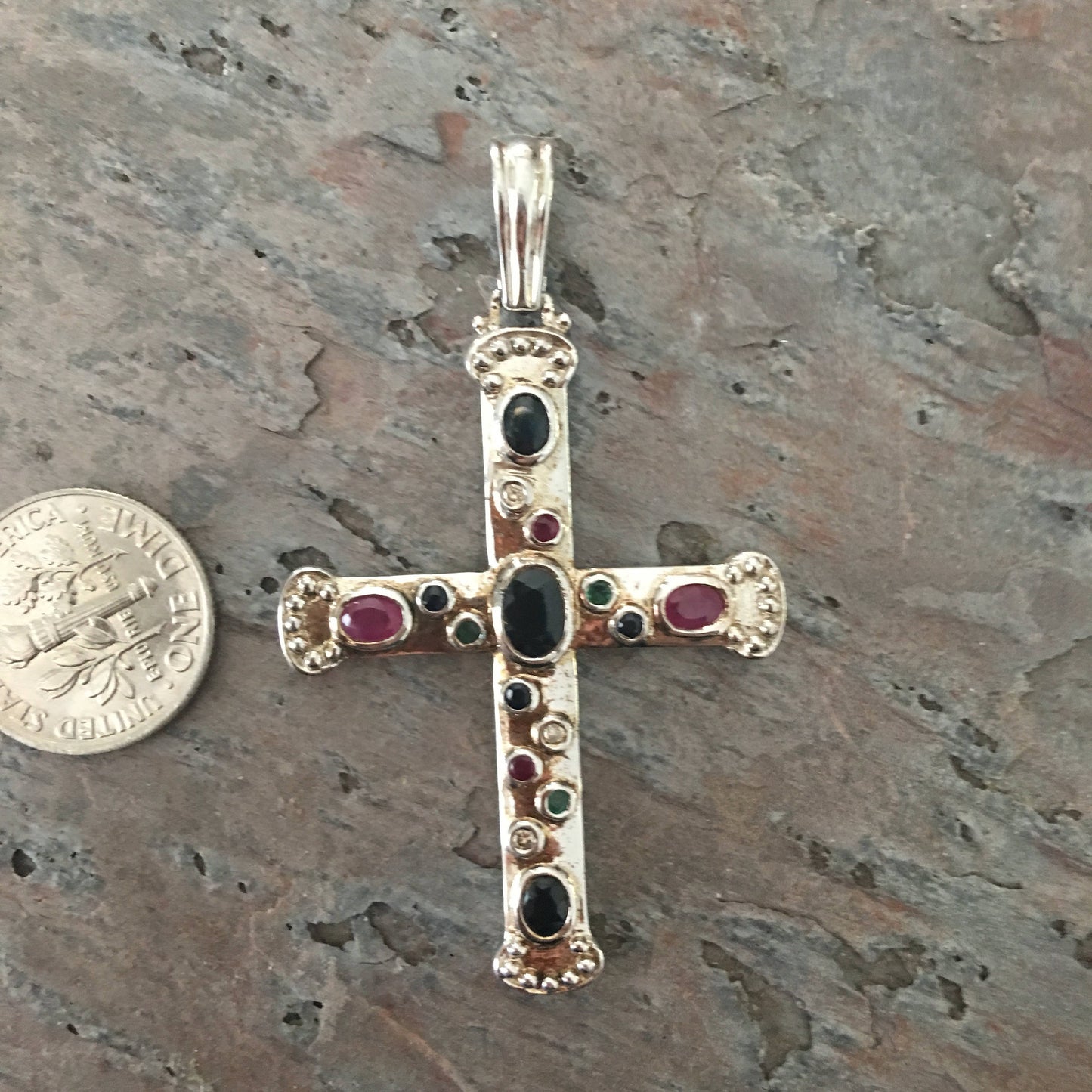 14KT White Gold Diamond, Sapphire, Ruby, Emerald Byzantine Medieval Cross Pendant - Legacy Saint Jewelry