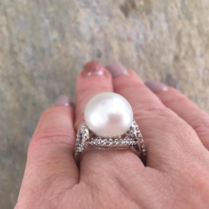 14KT White Gold Pave Diamond + Genuine Paspaley South Sea Pearl Ring - Legacy Saint Jewelry