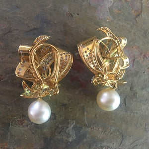 Estate 18KT Yellow Gold Ribbon Design Pave Diamond + South Sea Pearl Earrings - Legacy Saint Jewelry