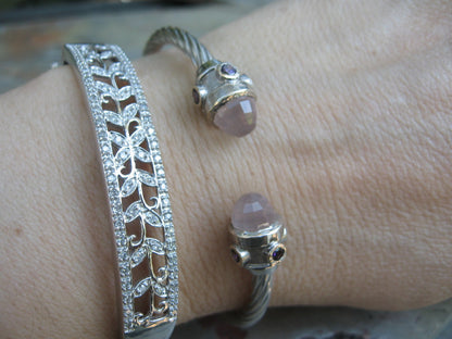 Estate 10KT White Gold + Pave Diamond Filigree Leaves Bangle Bracelet - Legacy Saint Jewelry