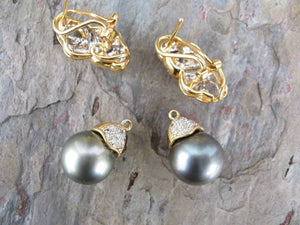 18KT Yellow Gold Pave Diamond +  Gray Tahitian Pearl Estate Earrings - Legacy Saint Jewelry