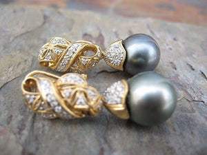 18KT Yellow Gold Pave Diamond +  Gray Tahitian Pearl Estate Earrings - Legacy Saint Jewelry