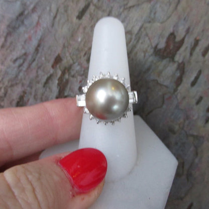 Estate 14KT White Gold Diamond + Genuine Tahitian South Sea Pearl Cluster Ring Size 9 - Legacy Saint Jewelry