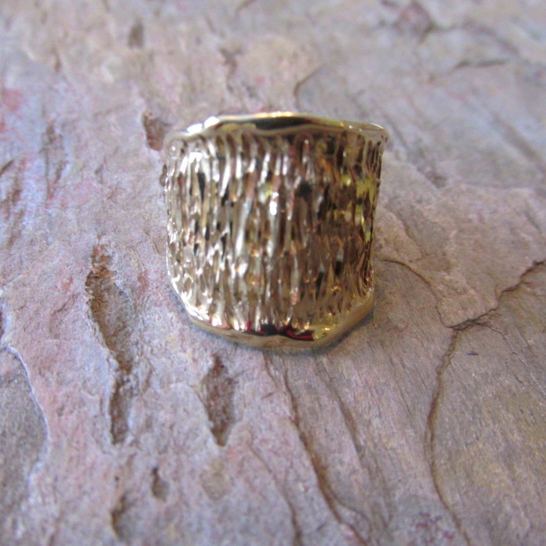 14KT Yellow Gold Wide Artistic Shiny + Ridged 3-D Design Cigar Band Ring - Legacy Saint Jewelry