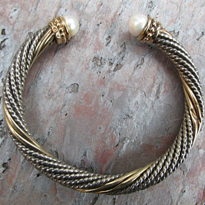 Estate Alwand Vahan 14KT Yellow Gold + Sterling Silver Pearl Twist Bangle Bracelet - Legacy Saint Jewelry