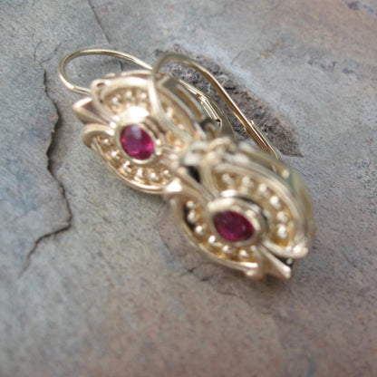 Estate 14KT Yellow Gold + Bezel Set Ruby Dangle Earrings - Legacy Saint Jewelry
