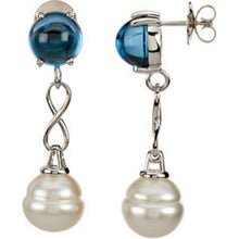 Load image into Gallery viewer, 14KT White Gold Blue Topaz + Paspaley Pearl Infinity Earrings, 14KT White Gold Blue Topaz + Paspaley Pearl Infinity Earrings - Legacy Saint Jewelry
