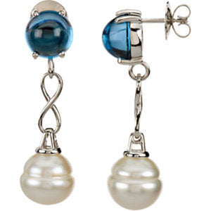 14KT White Gold Blue Topaz + Paspaley Pearl Infinity Earrings, 14KT White Gold Blue Topaz + Paspaley Pearl Infinity Earrings - Legacy Saint Jewelry