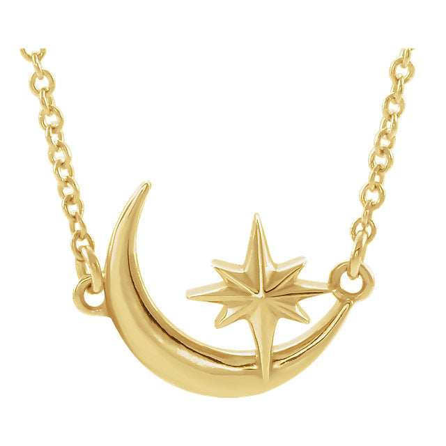 14KT Yellow Gold Crescent Moon + Star Pendant Chain Necklace, 14KT Yellow Gold Crescent Moon + Star Pendant Chain Necklace - Legacy Saint Jewelry