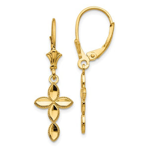 14KT Yellow Gold Diamond-Cut Cross Leverback Earrings, 14KT Yellow Gold Diamond-Cut Cross Leverback Earrings - Legacy Saint Jewelry