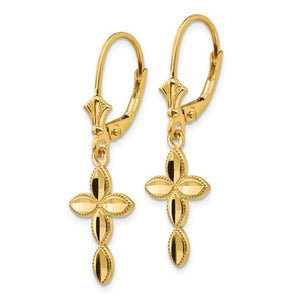 14KT Yellow Gold Diamond-Cut Cross Leverback Earrings, 14KT Yellow Gold Diamond-Cut Cross Leverback Earrings - Legacy Saint Jewelry