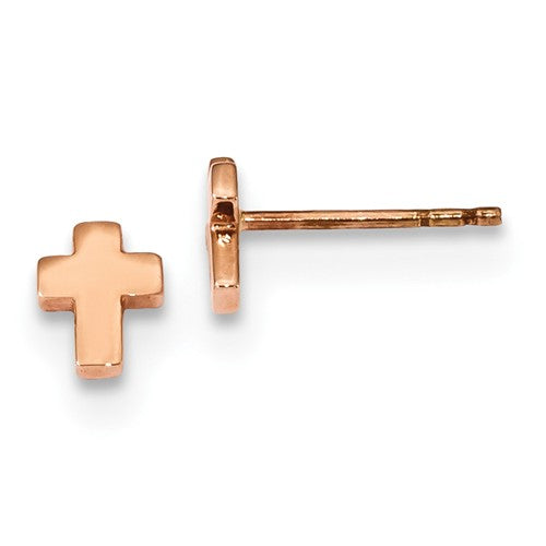 14KT Rose Gold Polished Mini Cross Stud Earrings, 14KT Rose Gold Polished Mini Cross Stud Earrings - Legacy Saint Jewelry