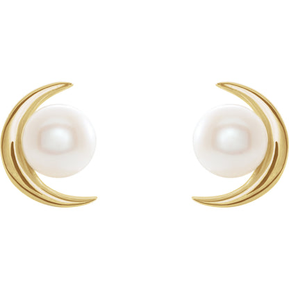 14KT Yellow Gold Freshwater Pearl Crescent Moon Stud Earrings, 14KT Yellow Gold Freshwater Pearl Crescent Moon Stud Earrings - Legacy Saint Jewelry