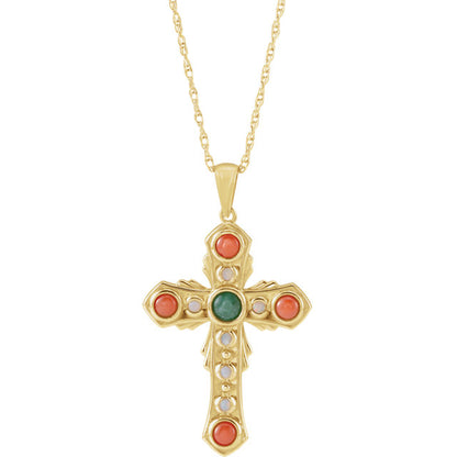 14KT Yellow Gold Multi-Gemstone Vintage-Inspired Cross Necklace 18", 14KT Yellow Gold Multi-Gemstone Vintage-Inspired Cross Necklace 18" - Legacy Saint Jewelry