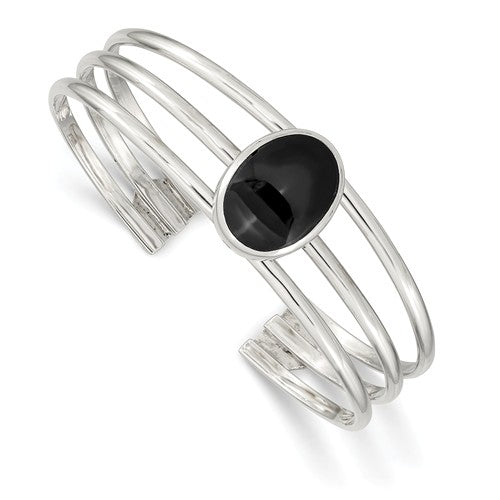 Sterling Silver Onyx 3 Strand Cuff Bangle Bracelet, Sterling Silver Onyx 3 Strand Cuff Bangle Bracelet - Legacy Saint Jewelry