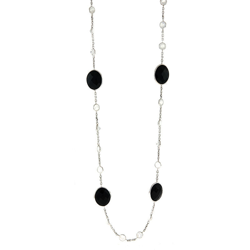 14KT White Gold Moonstone + Onyx Station Chain Necklace 24