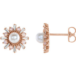 14KT Rose Gold Akoya Pearl, White Opal + Diamond Stud Earrings, 14KT Rose Gold Akoya Pearl, White Opal + Diamond Stud Earrings - Legacy Saint Jewelry