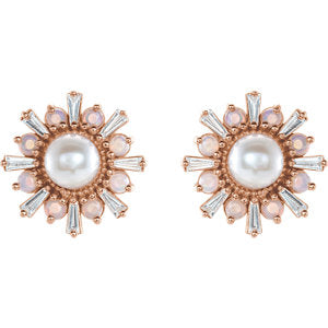 14KT Rose Gold Akoya Pearl, White Opal + Diamond Stud Earrings, 14KT Rose Gold Akoya Pearl, White Opal + Diamond Stud Earrings - Legacy Saint Jewelry
