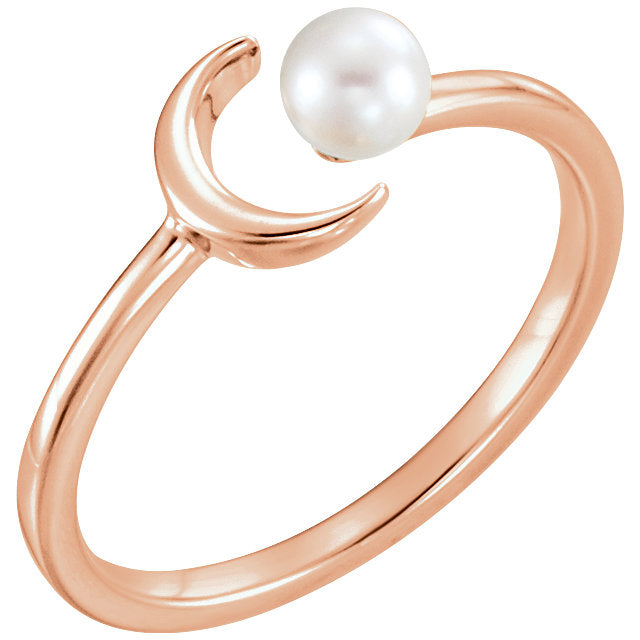 14KT Rose Gold Freshwater Pearl Crescent Moon Open Ring, 14KT Rose Gold Freshwater Pearl Crescent Moon Open Ring - Legacy Saint Jewelry