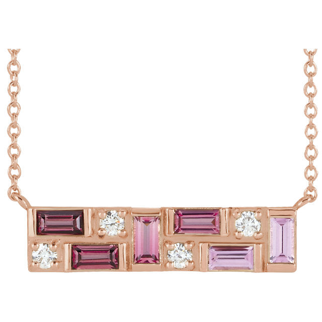 14KT Rose Gold Multi Pink Gemstone + Diamond Bar Necklace, 14KT Rose Gold Multi Pink Gemstone + Diamond Bar Necklace - Legacy Saint Jewelry
