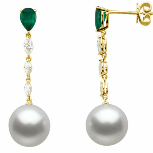 18KT Yellow Gold Marquise Diamond, Paspaley Pearl + Emerald Earrings, 18KT Yellow Gold Marquise Diamond, Paspaley Pearl + Emerald Earrings - Legacy Saint Jewelry