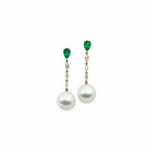 Load image into Gallery viewer, 18KT Yellow Gold Marquise Diamond, Paspaley Pearl + Emerald Earrings, 18KT Yellow Gold Marquise Diamond, Paspaley Pearl + Emerald Earrings - Legacy Saint Jewelry