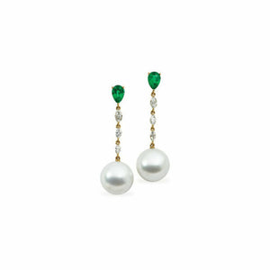18KT Yellow Gold Marquise Diamond, Paspaley Pearl + Emerald Earrings, 18KT Yellow Gold Marquise Diamond, Paspaley Pearl + Emerald Earrings - Legacy Saint Jewelry
