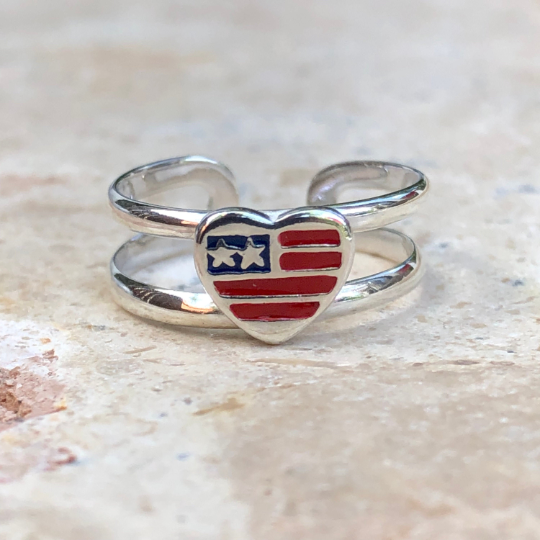 Sterling Silver Enameled USA Flag Heart Toe Ring, Sterling Silver Enameled USA Flag Heart Toe Ring - Legacy Saint Jewelry