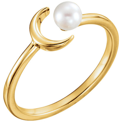 14KT Yellow Gold Freshwater Pearl Crescent Moon Open Ring, 14KT Yellow Gold Freshwater Pearl Crescent Moon Open Ring - Legacy Saint Jewelry