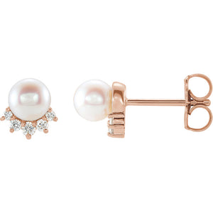 14KT Rose Gold Freshwater Pearl + Diamond Stud Earrings, 14KT Rose Gold Freshwater Pearl + Diamond Stud Earrings - Legacy Saint Jewelry