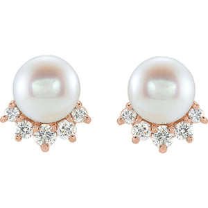 14KT Rose Gold Freshwater Pearl + Diamond Stud Earrings, 14KT Rose Gold Freshwater Pearl + Diamond Stud Earrings - Legacy Saint Jewelry
