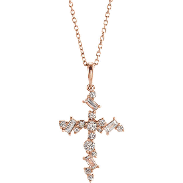 14KT Rose Gold Scattered Diamond Cross Pendant Necklace, 14KT Rose Gold Scattered Diamond Cross Pendant Necklace - Legacy Saint Jewelry