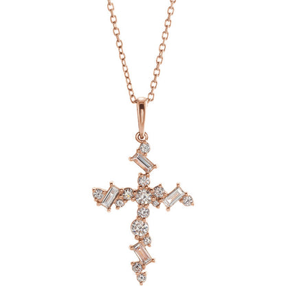 14KT Rose Gold Scattered Diamond Cross Pendant Necklace, 14KT Rose Gold Scattered Diamond Cross Pendant Necklace - Legacy Saint Jewelry