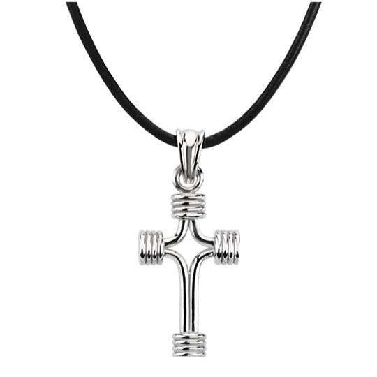 Sterling Silver Tubular Cross Black Leather Cord Necklace 18