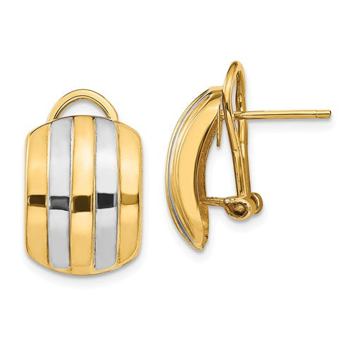 14KT Yellow Gold + Rhodium Striped Omega Back Earrings, 14KT Yellow Gold + Rhodium Striped Omega Back Earrings - Legacy Saint Jewelry